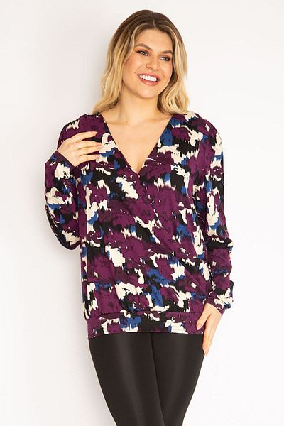 Şans Women's Large Size Plum Chest Snap Buttons Elastic Hem Wrap Collar Blouse 65n35121