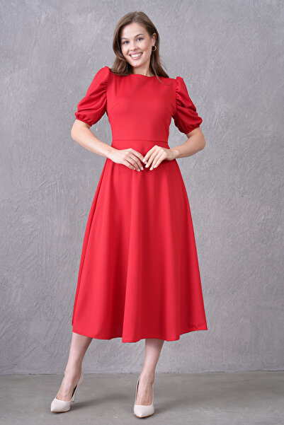 bayansepeti Esnek Kumaş Balon Kol Yuvarlak Yaka Midi Boy Kloş Kesim Kırmızı Abiye Elbise Mezuniyet Elbisesi 092