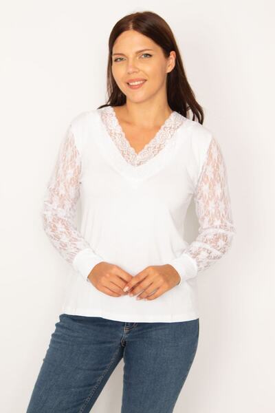 Şans Bluză albă cu guler și mâneci din dantelă cu decolteu în V pentru femei 65n34528