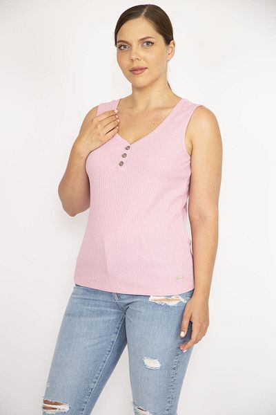 Şans Women's Pink Plus Size V-Neck Front Ornamental Buttoned Camisole Fabric Tank Top 65n36552