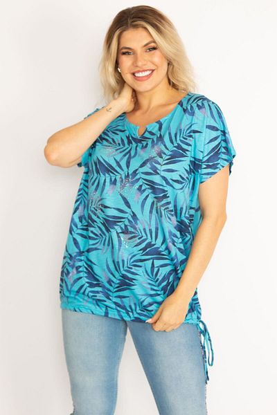 Şans Women's Large Size Blue Stone Detailed Hem Tunnel Lace Blouse 65n34629