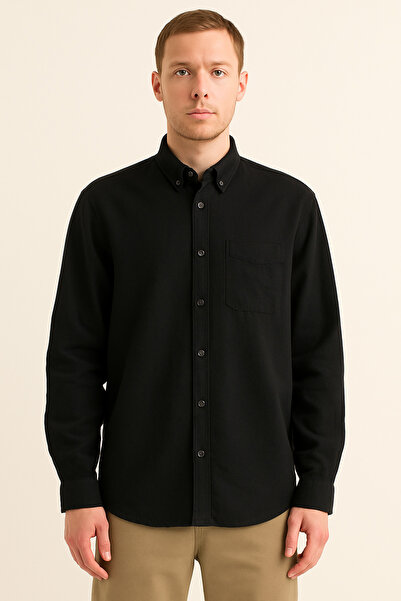 FATELLA Мъжка черна риза с дълъг ръкав, свободна кройка, копчета и джобове
