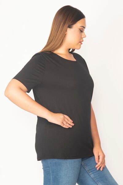 Şans Women's Large Size Black Cotton Fabric Crew Neck Short Sleeve Blouse 65n29545