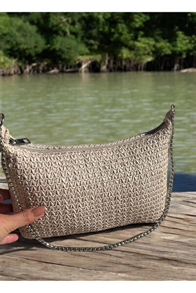 Katusa Women's Zigzag Knitted Straw Cream Color Silver Chain Hand and Shoulder Bag