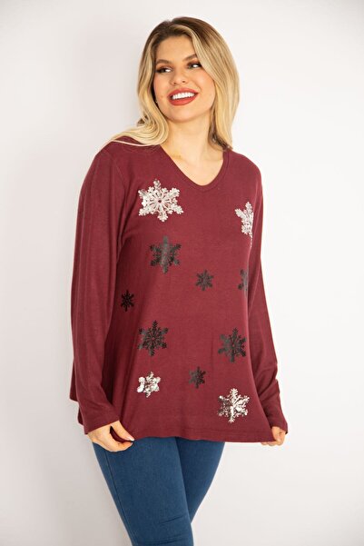 Şans Women's Large Size Claret Red Sequin Detailed Wool Viscose Fabric V-Neck Blouse 65n35056