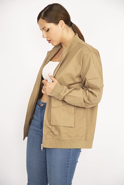 Şans Γυναικείο παλτό Camel Plus Size Μπροστινή τσέπη με φερμουάρ Λεπτομερές παλτό χωρίς επένδυση 65n36649