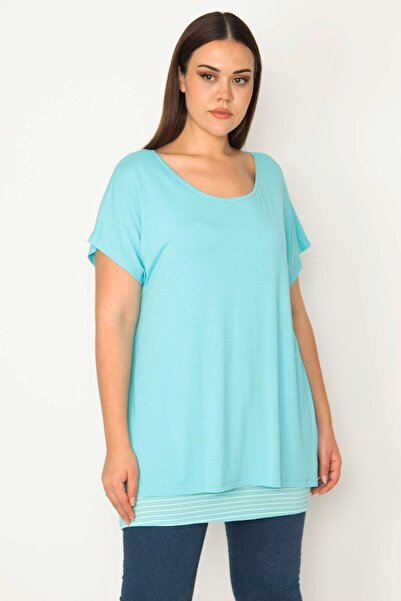 Şans Women's Plus Size Blue Striped Tank Top Low Sleeve Blouse 65n30685