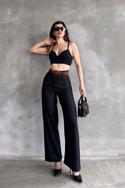 Fav Style Women's High Waist Belted Tube Leg Linen Trousers Black