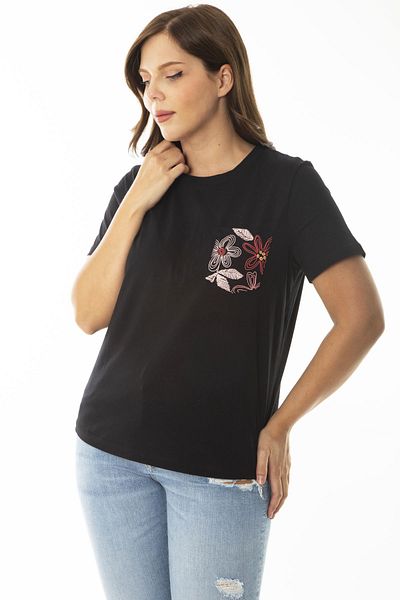 Şans Women's Large Size Black Peto Pocket Short Sleeve Blouse 65N36947