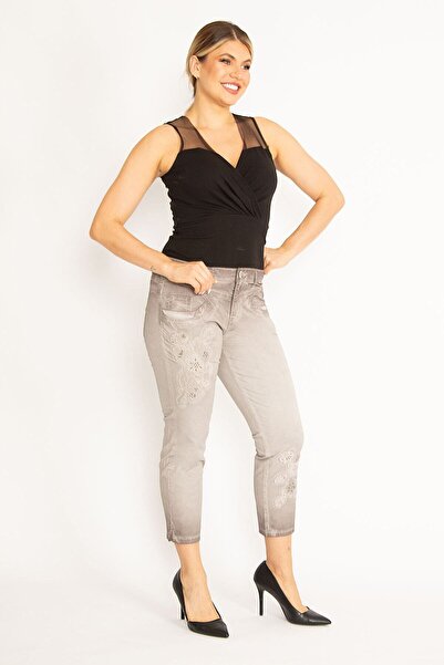 Şans Women's Large Size Stone Batik Wash Effect Applique Embroidered Ankle Length Trousers 65n29833