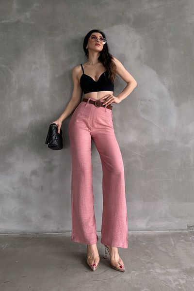 Fav Style Women's High Waist Belted Pipe Leg Linen Trousers Powder Pink