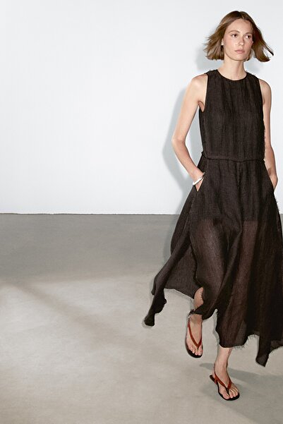 Massimo Dutti %100 keten midi elbise