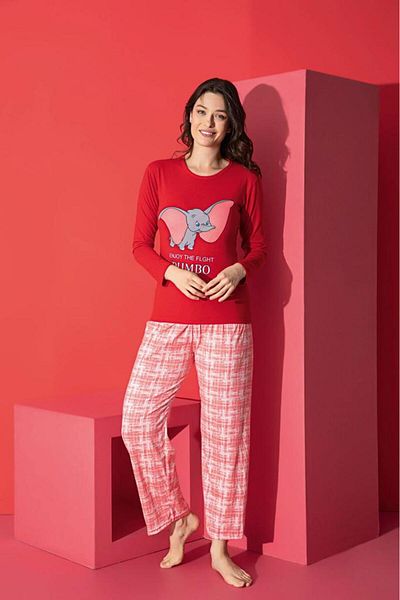 Intisimo Women's Pajamas, Long Sleeve, Dumbo, Cotton, Red - XL