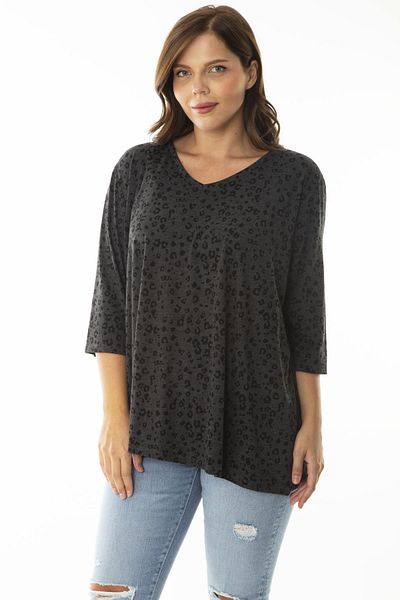 Şans Women's Large Size Anthracite V-Neck Capri Sleeve Patterned Blouse 65N36959