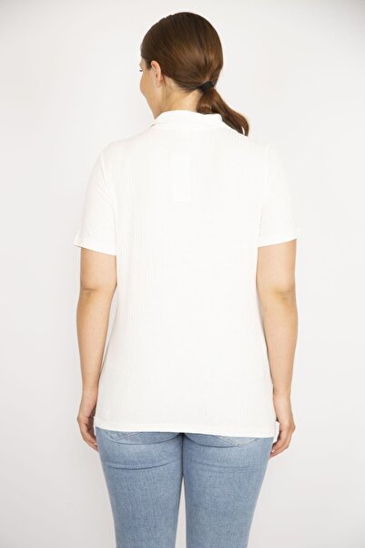 Şans Women's Bone Large Size Polo Neck Front Placket Buttoned Camisole Fabric Short Sleeve Blouse 65n36547