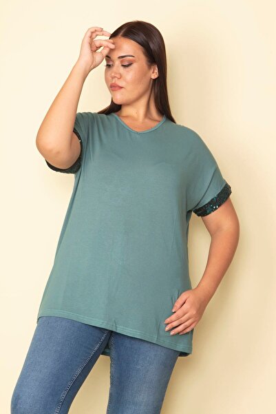Şans Women's Large Size Green Sleeves Sequin Detailed V-Neck Viscose Blouse 65n28743