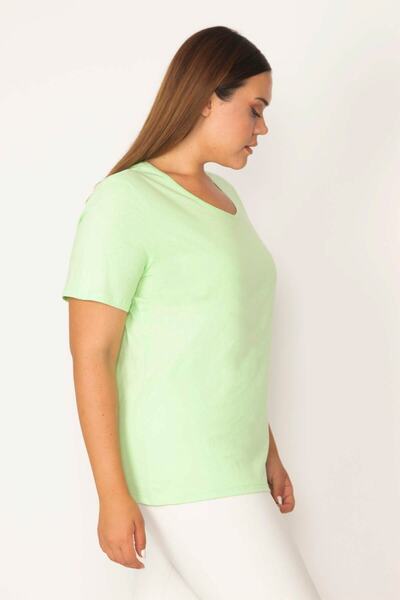 Şans Women's Large Size Green Cotton Fabric Crew Neck Short Sleeve Blouse 65n29545