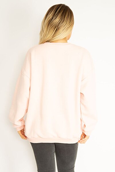 Şans Women's Large Size Pink 3 Threads Fleece Sweatshirt 65n35072