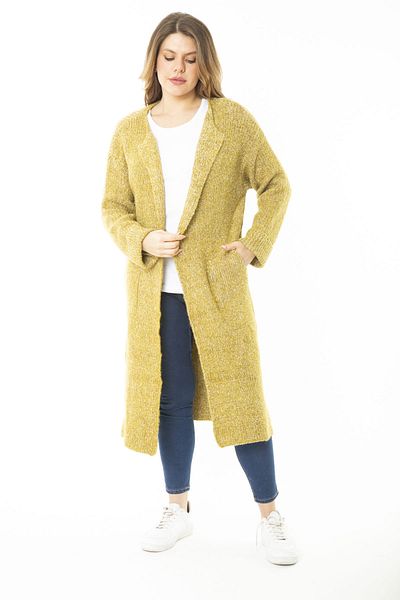 Şans Women's Large Size Saffron Slit Thick Knitwear Long Cardigan 65N37142