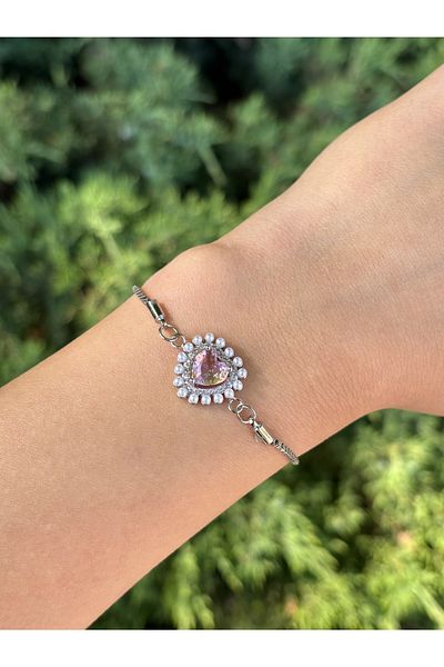 Eylülün Takısı Women's Silver Color Pink Stone Heart Bracelet