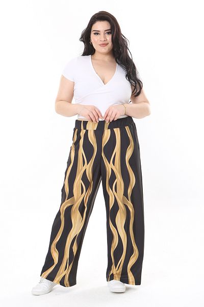 Şans Plus Size Patterned Black Trousers - Elastic Waist, Side Pocket, Lycra 65N38055