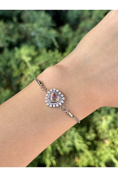 Eylülün Takısı Women's Silver Color Pink Stone Heart Bracelet