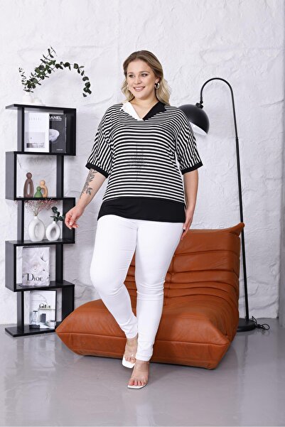 Siyezen Plus Size Handkerchief Collar Striped Blouse