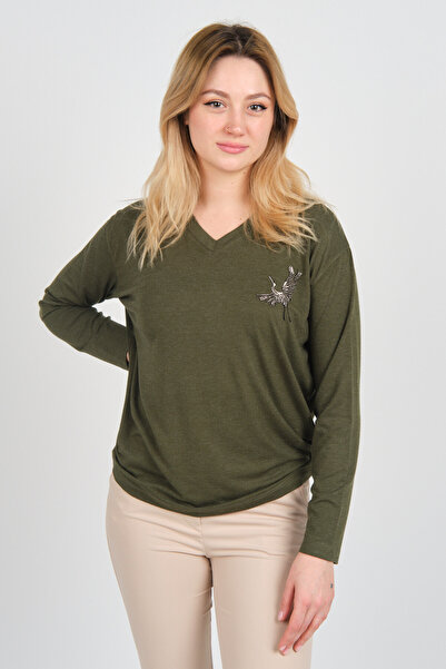 Sistas Women's Long Sleeve V-Neck Embroidery Detailed Blouse 4565 Khaki