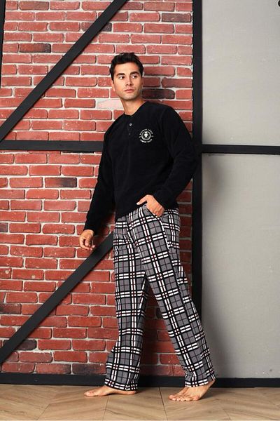 Intisimo Men's Winter Pajamas, Pockets, Polar Material, Quality Product, Black/Grey - 2XL