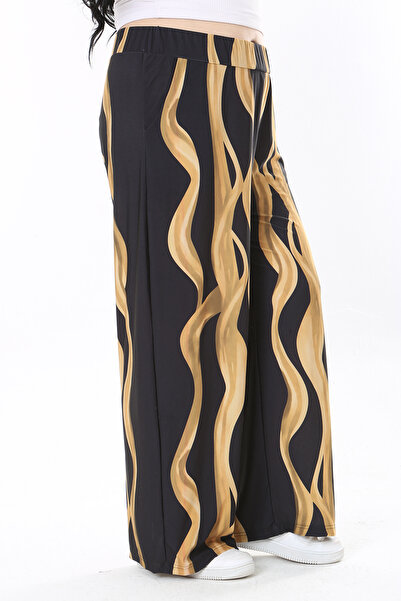 Şans Plus Size Patterned Black Trousers - Elastic Waist, Side Pocket, Lycra 6...