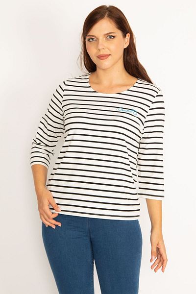 Şans Women's Large Size Bone Capri Sleeve Striped Blouse 65n34797