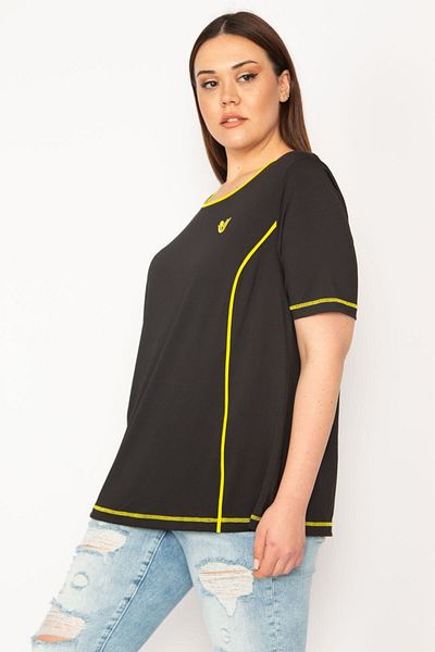 Şans Women's Large Size Black Collar Bias Sports Blouse 65n32945