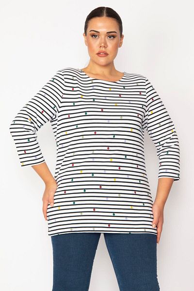Şans Women's Large Size Bone Lines and Points Patterned Capri Sleeve Tunic 65n28711