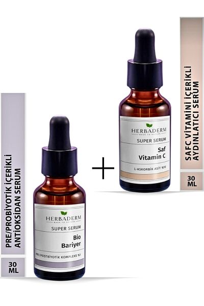 Herbaderm Bio Barrier Pre/Postbiotic Super Serum 30 ml & Pure Vitamin C Face Serum 30 ml 10% Ascorbic Acid