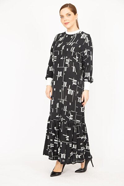 Şans Damska czarna, plus size, tkana wiskozowa sukienka z kołnierzykiem i rękawami, długa prążkowana sukienka 65n35966