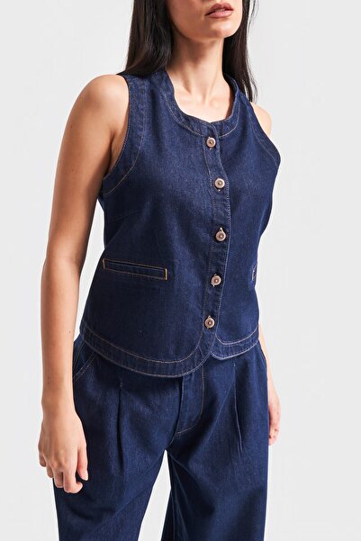 its basic Γυναικείο Indigo Color 7s5-50 Μήκος ζώνης μπροστινό κουμπί 100% βαμβακερό τζιν γιλέκο μηδενικού μανίκι