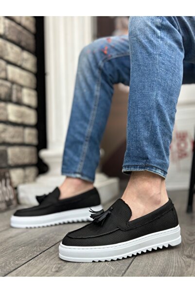 TUGERDİ Tugerdi Linen Black Tasseled Laceless Lightweight High Sole Style Cas...