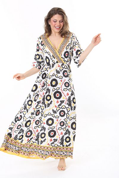 Şans Colorful Women Plus Size Dress, Flower Pattern, Dropped Arm, Long 65N38940