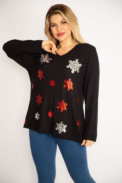 Şans Women's Large Size Black Sequin Detailed Wool Viscose Fabric V-Neck Blouse 65n35056