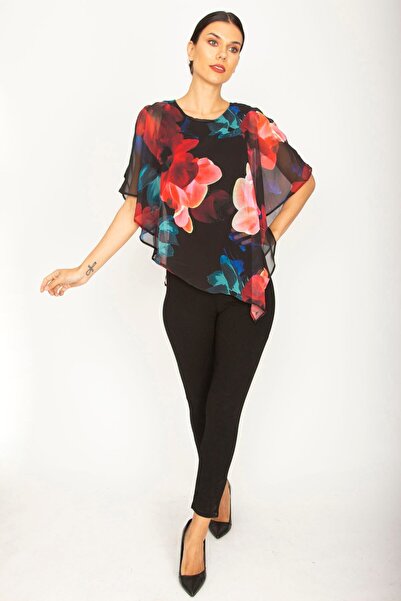 Şans Tekstil Women's Black Overalls with Chiffon Cape Detail on Top 26a23917