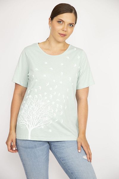 Şans Women's Green Large Size Cotton Fabric Front Printed Short Sleeve Blouse 65n36582