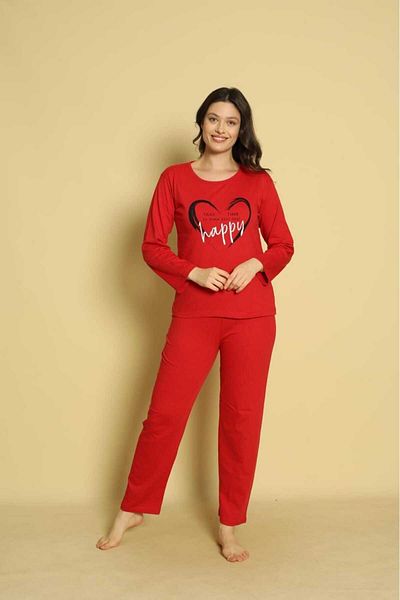 Intisimo Women's Pajamas, Long Sleeve, Happy, Cotton, Red - M