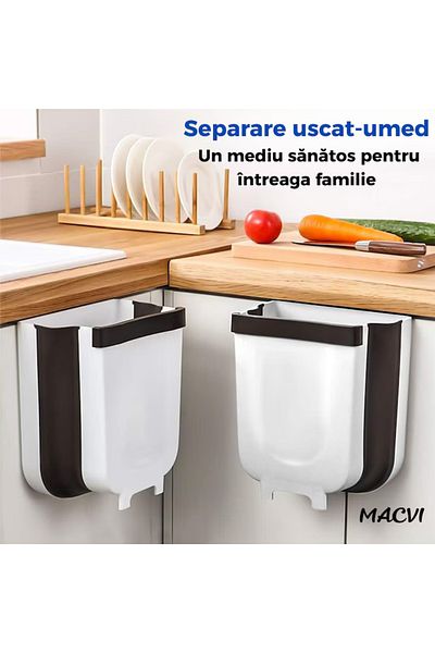 MACVI Cos gunoi pliabil Macvi® 30x25 cm alb-negru, agatare pe dulap, pentru bucatarie, montaj fara gaurire