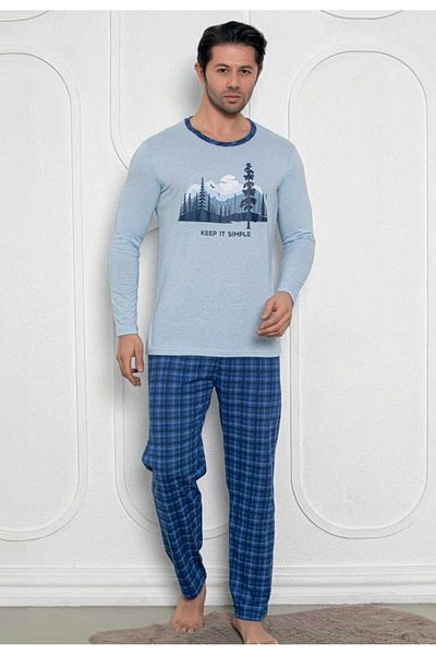 Intisimo Pijamale bărbătești, bluză, pantaloni lungi, stil simplu, albastru - XL