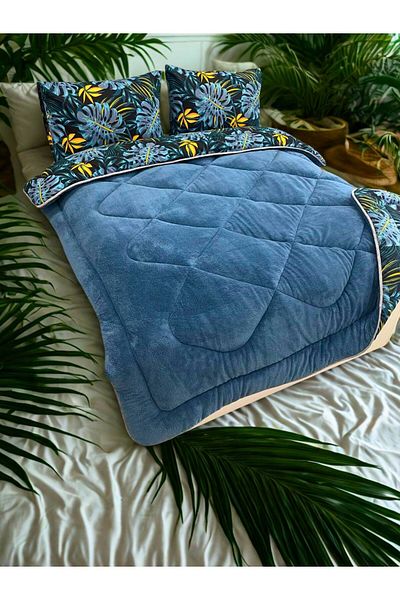 Sudemhome لحاف مزدوج من الصوف الناعم الفاخر من Welsoft Elite وغطاء وسادة Monestera Indigo
