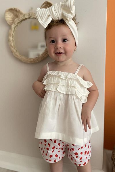 miabambim Floral Patterned Shorts Layered Strap Blouse Baby Girl Set