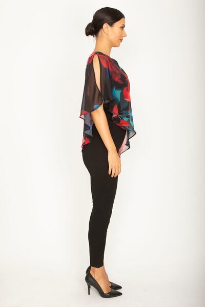 Şans Tekstil Women's Black Overalls with Chiffon Cape Detail on Top 26a23917