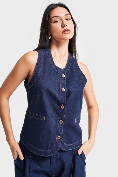 its basic Γυναικείο Indigo Color 7s5-50 Μήκος ζώνης μπροστινό κουμπί 100% βαμβακερό τζιν γιλέκο μηδενικού μανίκι