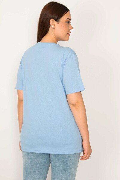 Şans Γυναικεία Μπλούζα Μεγάλου Μεγέθους Μπλε Πλήρης λαιμόκοψη κοντομάνικη βασική μπλούζα 65n33279