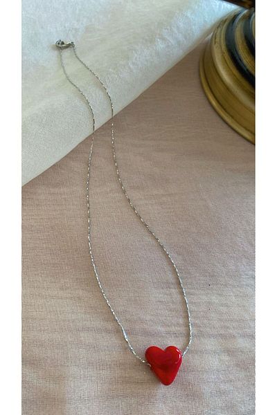 BAE ATOLYE Murano Red Glass Heart Silver Chain Necklace